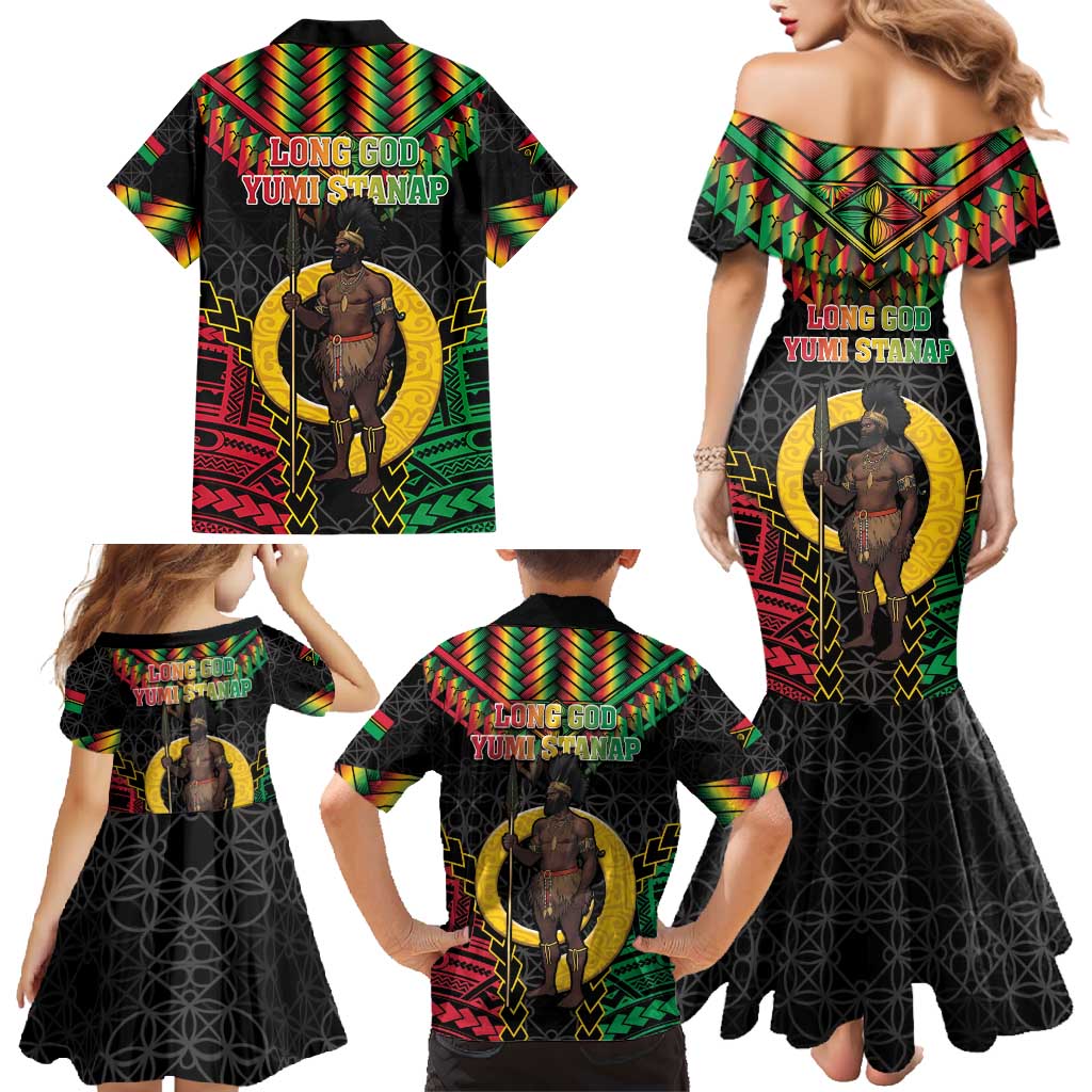 Vanuatu 45th Anniversary Independence Day Family Matching Mermaid Dress and Hawaiian Shirt Melanesian Warrior With Sand Drawing Pattern LT05 - Polynesian Pride