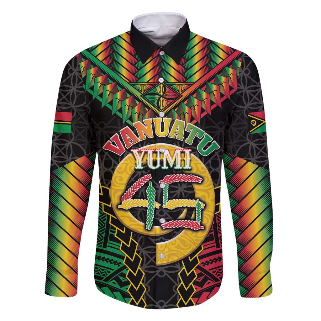Vanuatu 45th Anniversary Independence Day Family Matching Mermaid Dress and Hawaiian Shirt Melanesian Warrior With Sand Drawing Pattern LT05 Dad's Shirt - Long Sleeve Black - Polynesian Pride