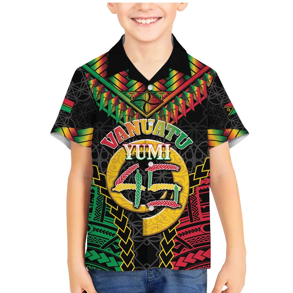 Vanuatu 45th Anniversary Independence Day Family Matching Mermaid Dress and Hawaiian Shirt Melanesian Warrior With Sand Drawing Pattern LT05 Son's Shirt Black - Polynesian Pride