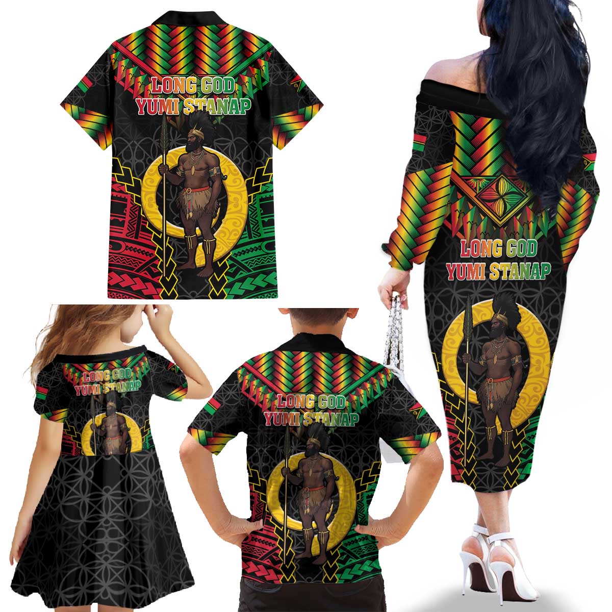 Vanuatu 45th Anniversary Independence Day Family Matching Off The Shoulder Long Sleeve Dress and Hawaiian Shirt Melanesian Warrior With Sand Drawing Pattern LT05