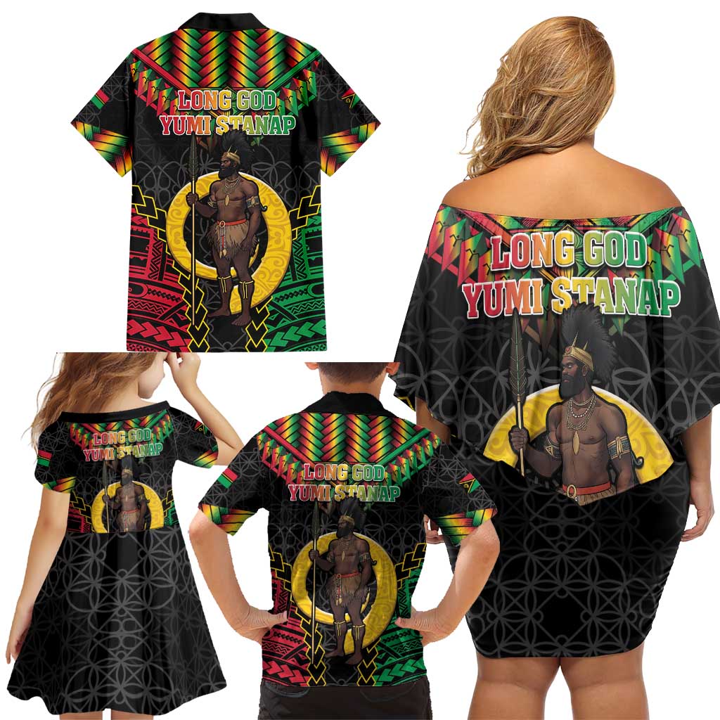 Vanuatu 45th Anniversary Independence Day Family Matching Off Shoulder Short Dress and Hawaiian Shirt Melanesian Warrior With Sand Drawing Pattern LT05