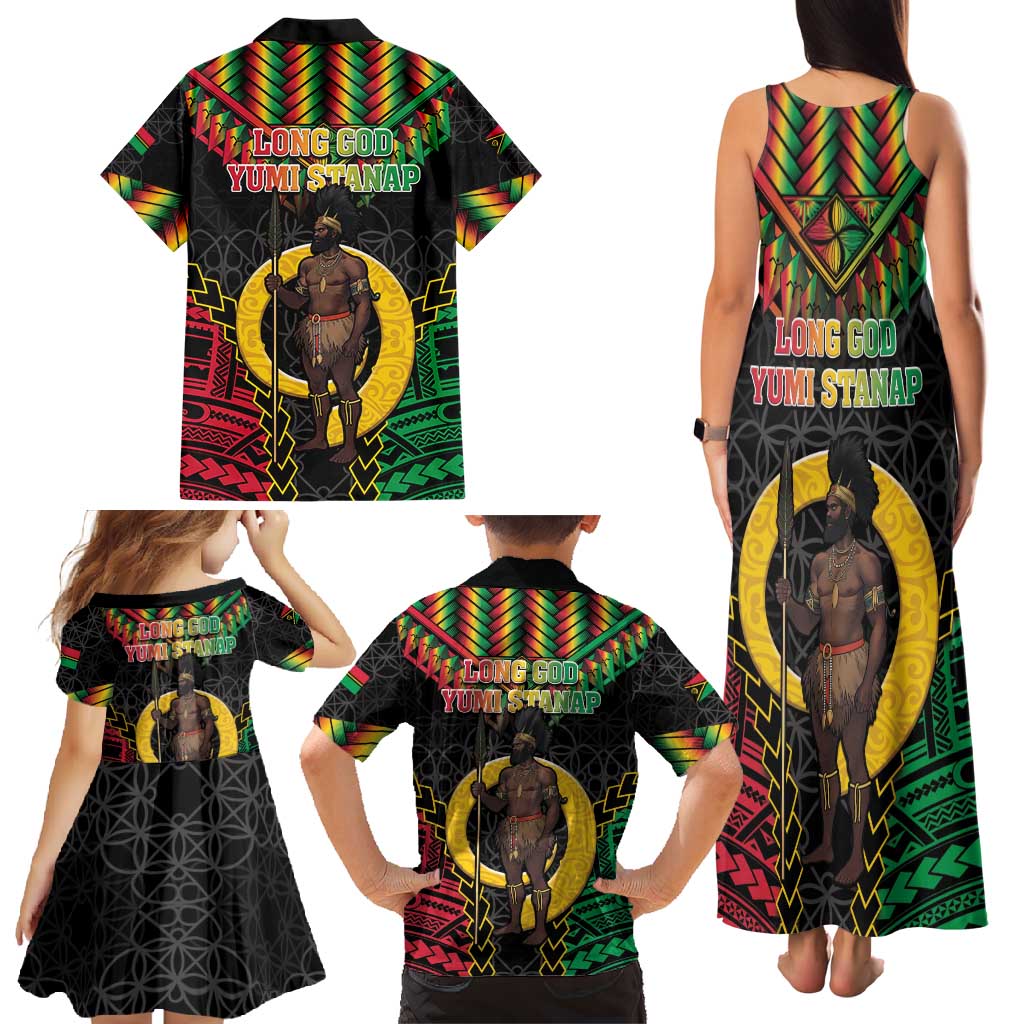 Vanuatu 45th Anniversary Independence Day Family Matching Tank Maxi Dress and Hawaiian Shirt Melanesian Warrior With Sand Drawing Pattern LT05