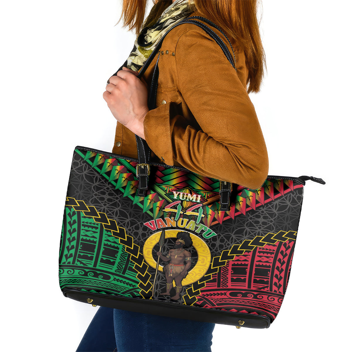 Vanuatu 44th Anniversary Independence Day Leather Tote Bag Melanesian Warrior With Sand Drawing Pattern