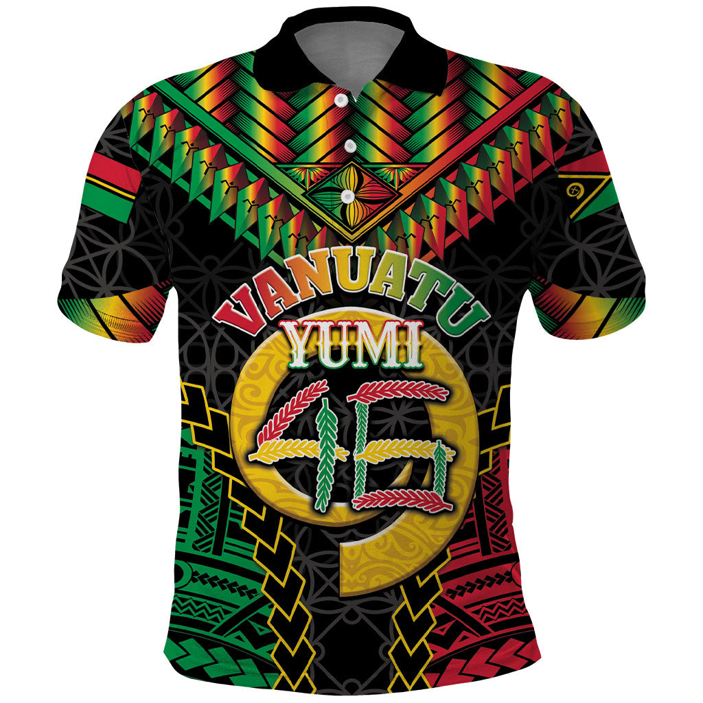 Vanuatu 46th Anniversary Independence Day Polo Shirt Melanesian Warrior With Sand Drawing Pattern LT05 Black - Polynesian Pride