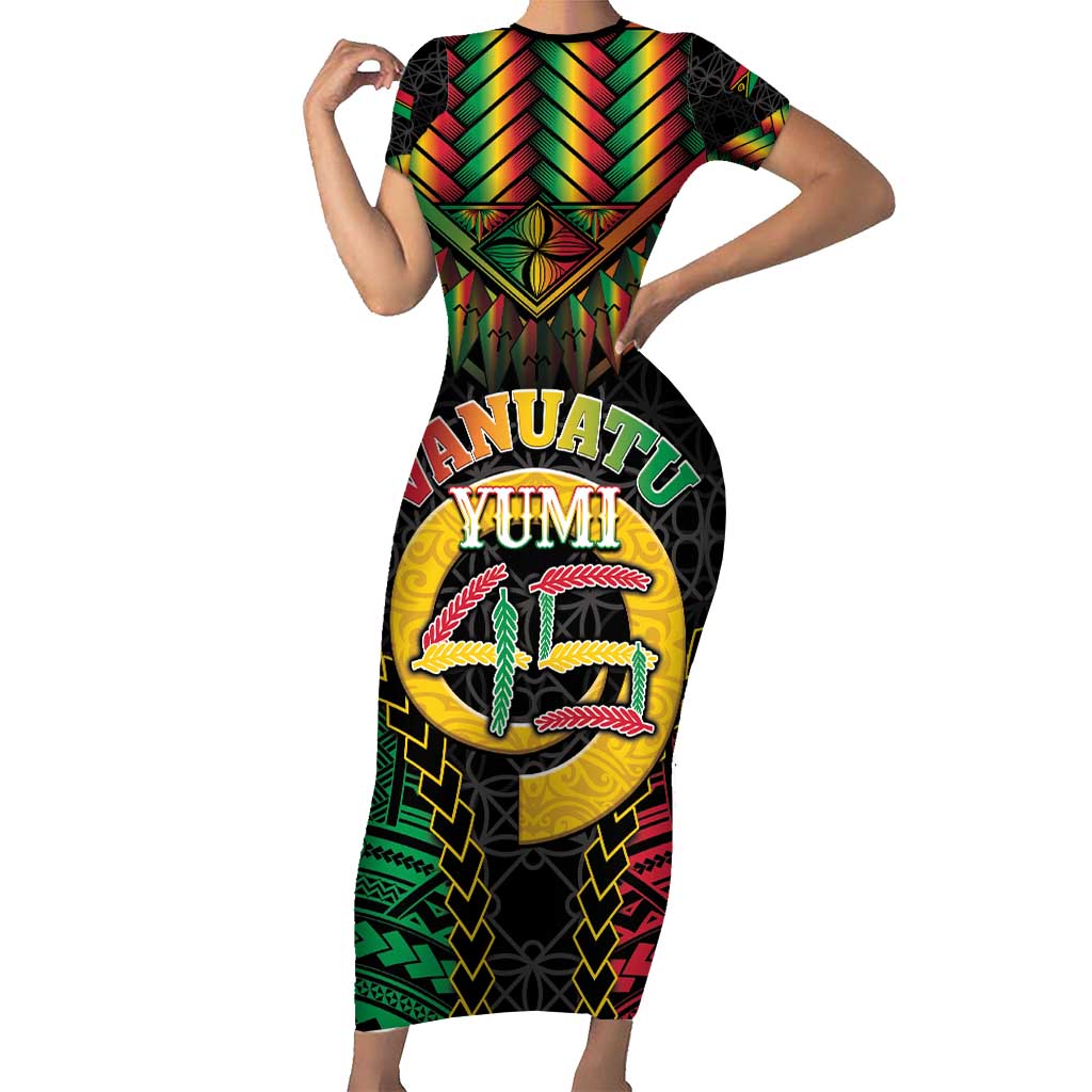 Vanuatu 45th Anniversary Independence Day Short Sleeve Bodycon Dress Melanesian Warrior With Sand Drawing Pattern LT05