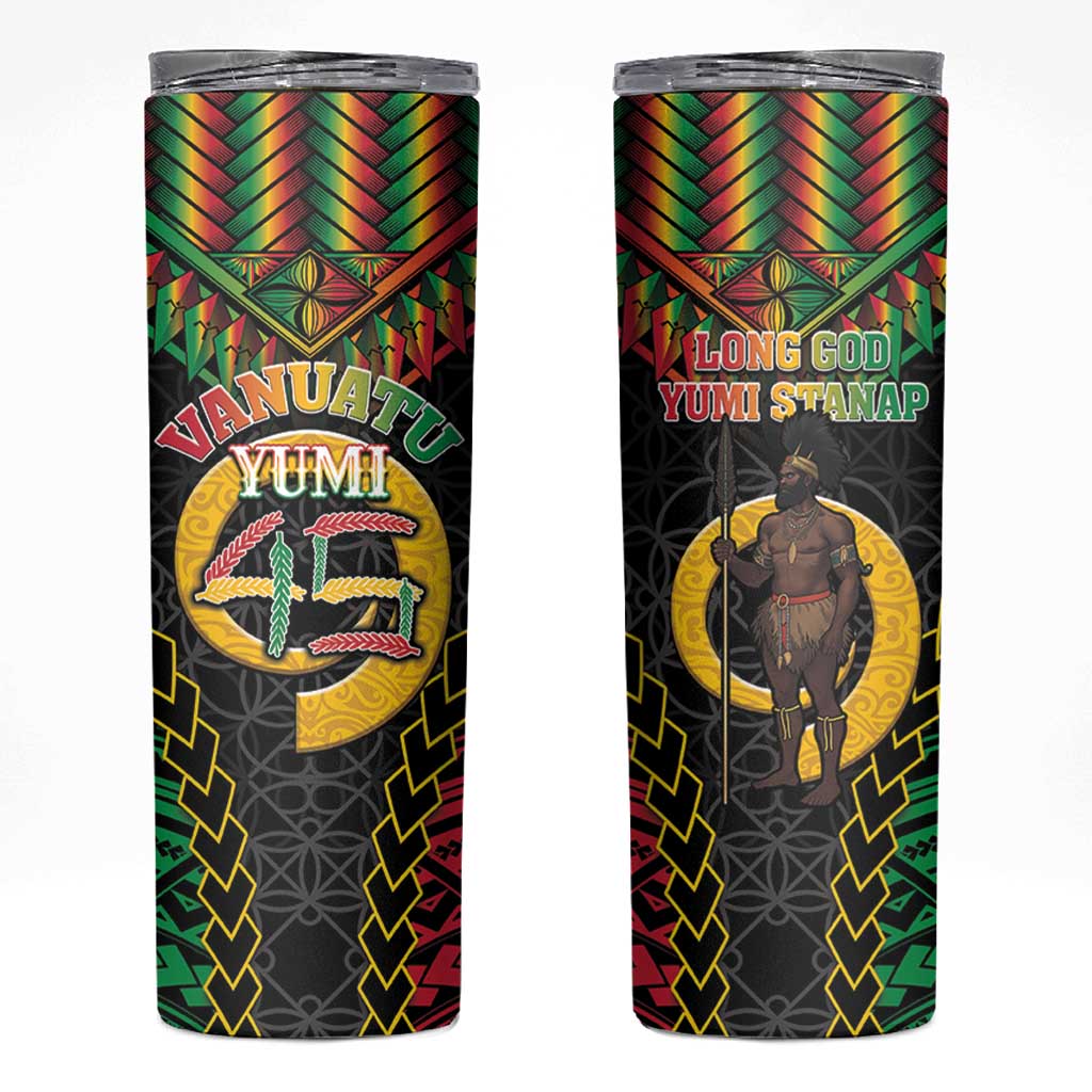 Vanuatu 45th Anniversary Independence Day Skinny Tumbler Melanesian Warrior With Sand Drawing Pattern LT05