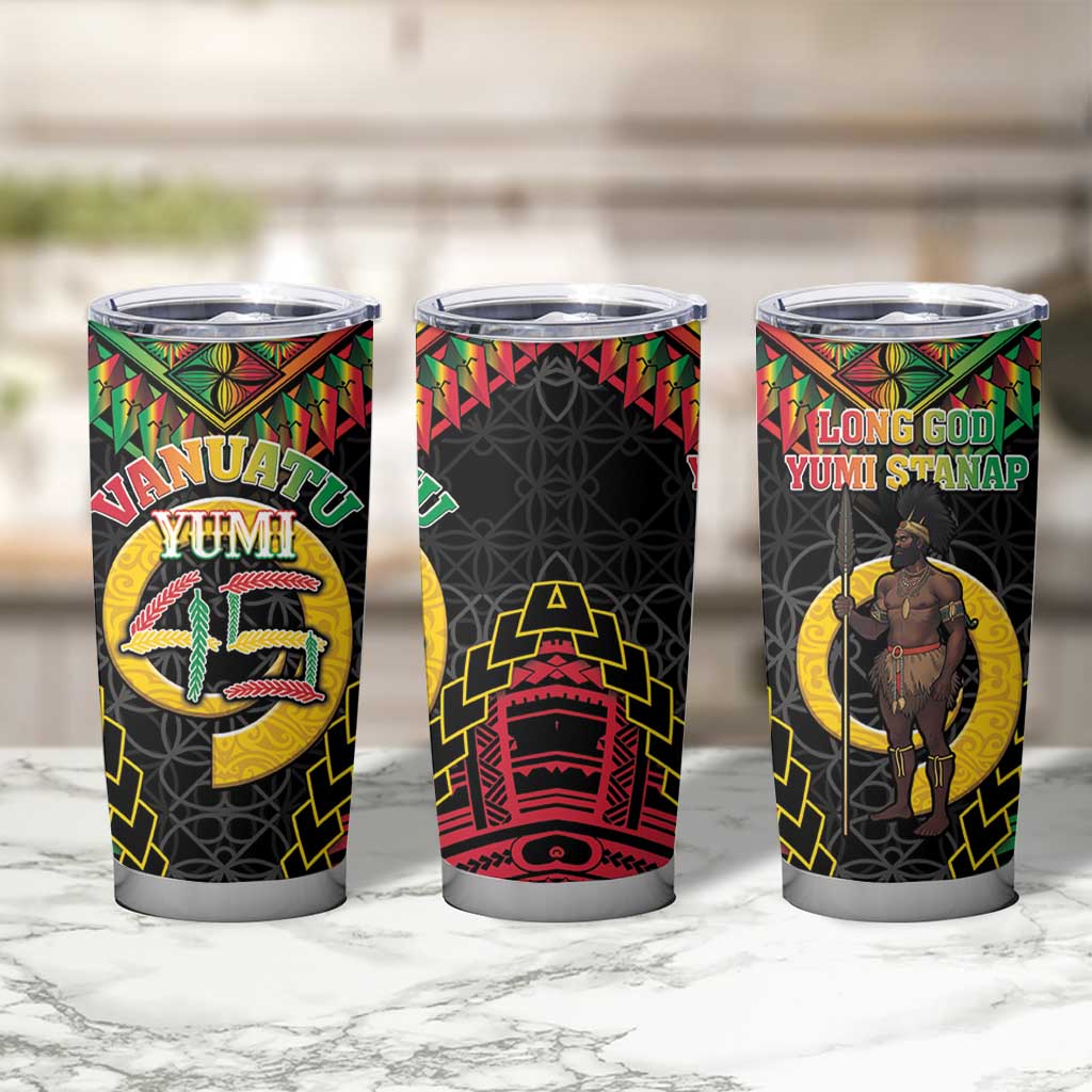 Vanuatu 45th Anniversary Independence Day Tumbler Cup Melanesian Warrior With Sand Drawing Pattern LT05