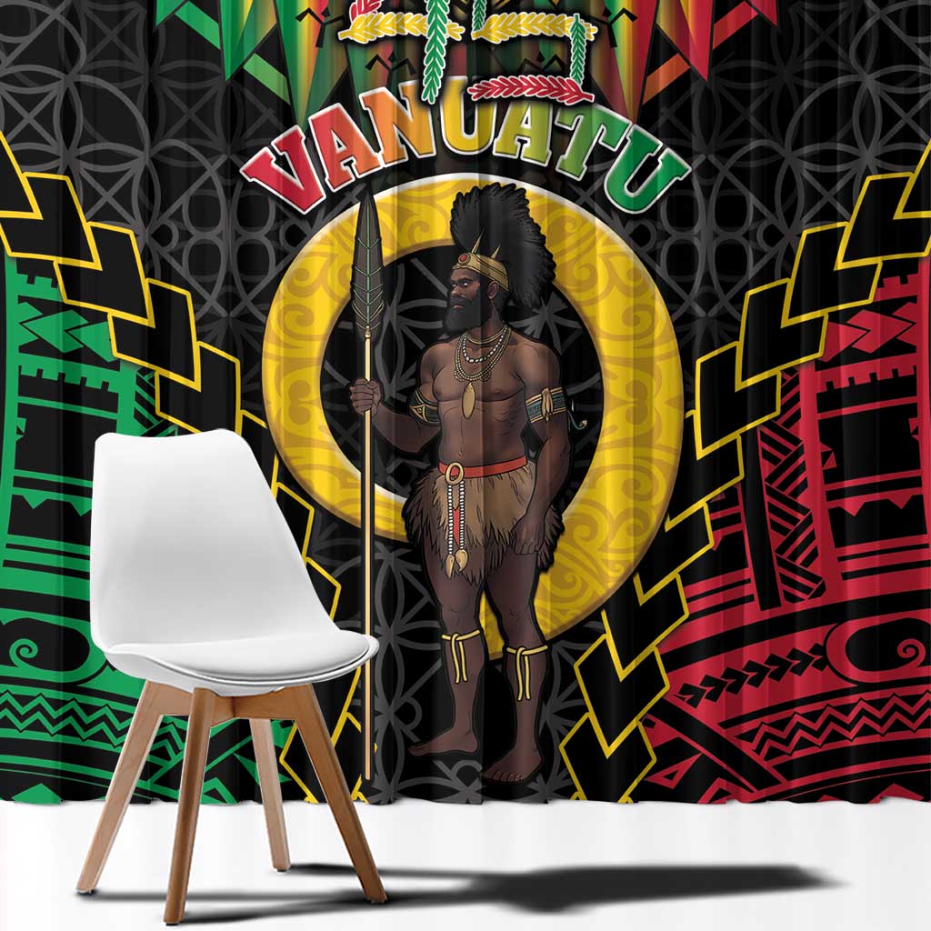 Vanuatu 45th Anniversary Independence Day Window Curtain Melanesian Warrior With Sand Drawing Pattern LT05