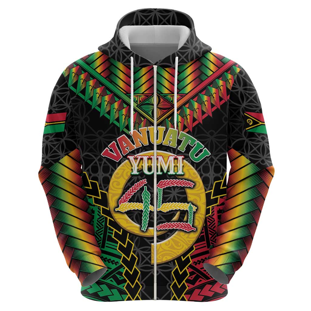 Vanuatu 45th Anniversary Independence Day Zip Hoodie Melanesian Warrior With Sand Drawing Pattern LT05