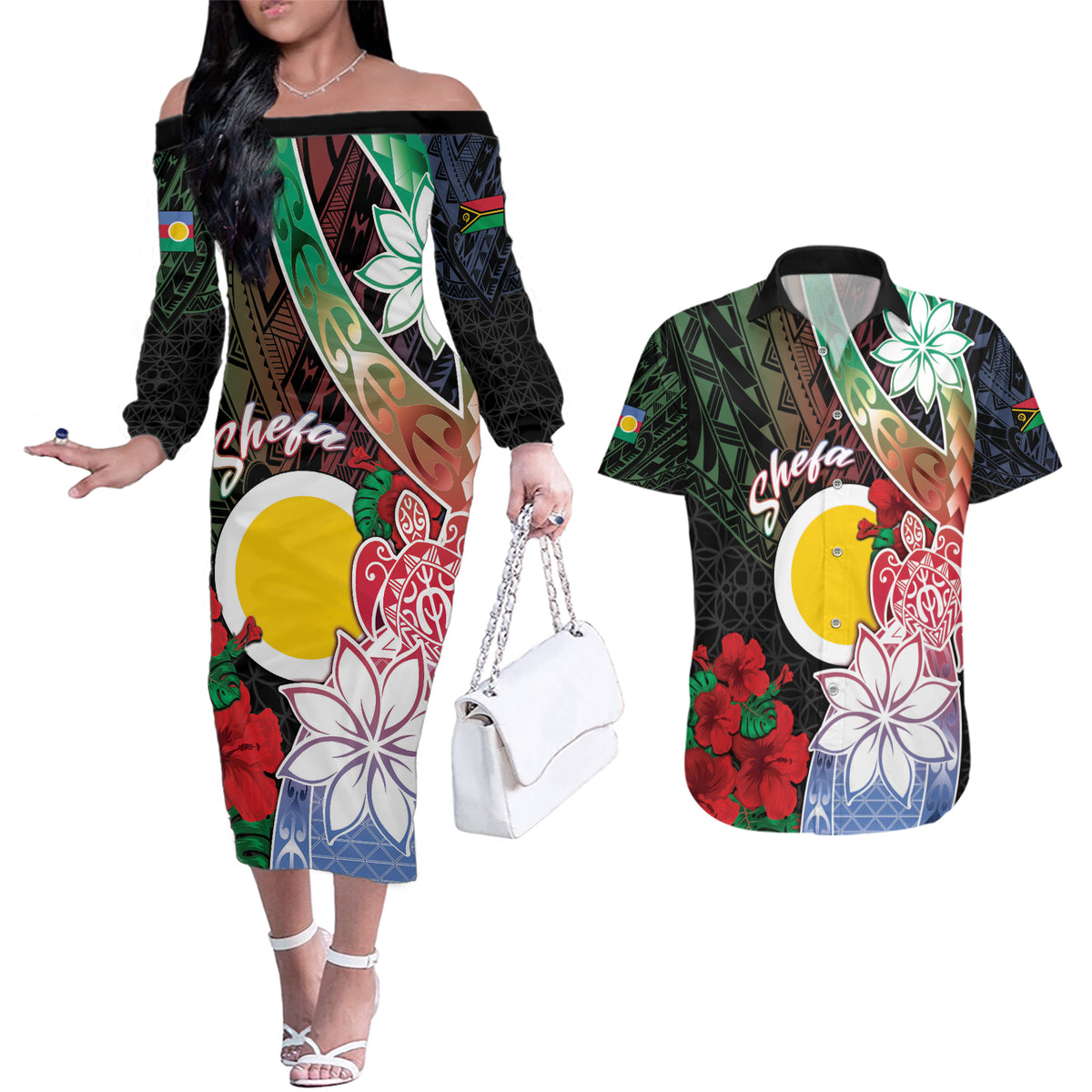 Personalised Vanuatu Shefa Day Couples Matching Off The Shoulder Long Sleeve Dress and Hawaiian Shirt Floral Pattern