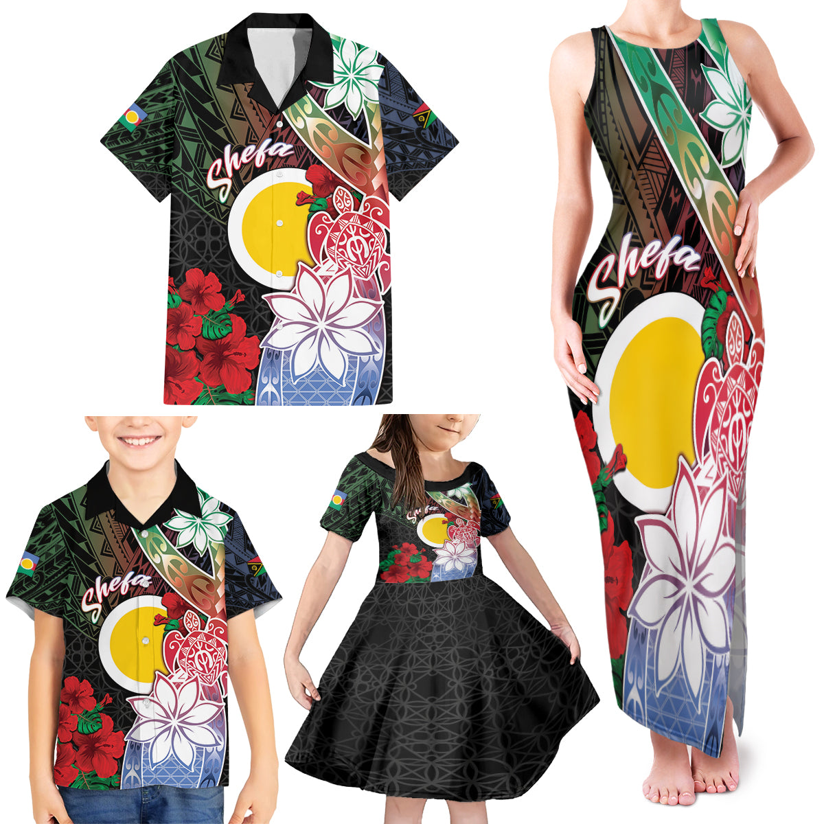 Personalised Vanuatu Shefa Day Family Matching Tank Maxi Dress and Hawaiian Shirt Floral Pattern