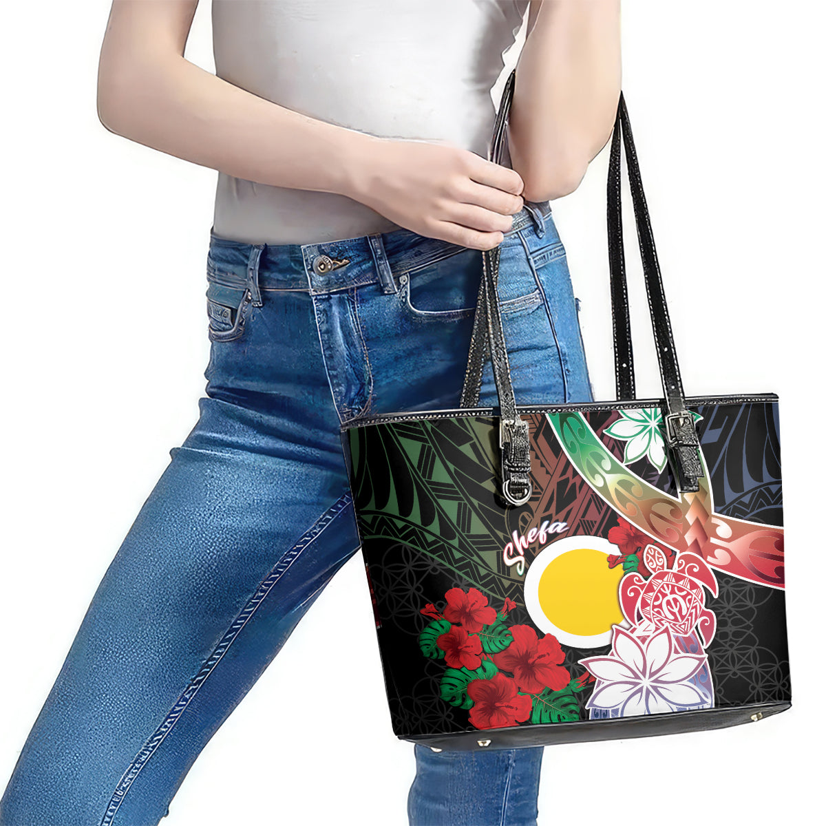 Vanuatu Shefa Day Leather Tote Bag Floral Pattern