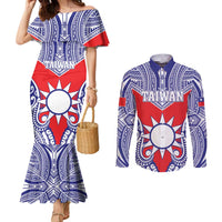 Personalised Taiwan Couples Matching Mermaid Dress and Long Sleeve Button Shirt Austronesian Tribal Tattoo Red - Polynesian Pride
