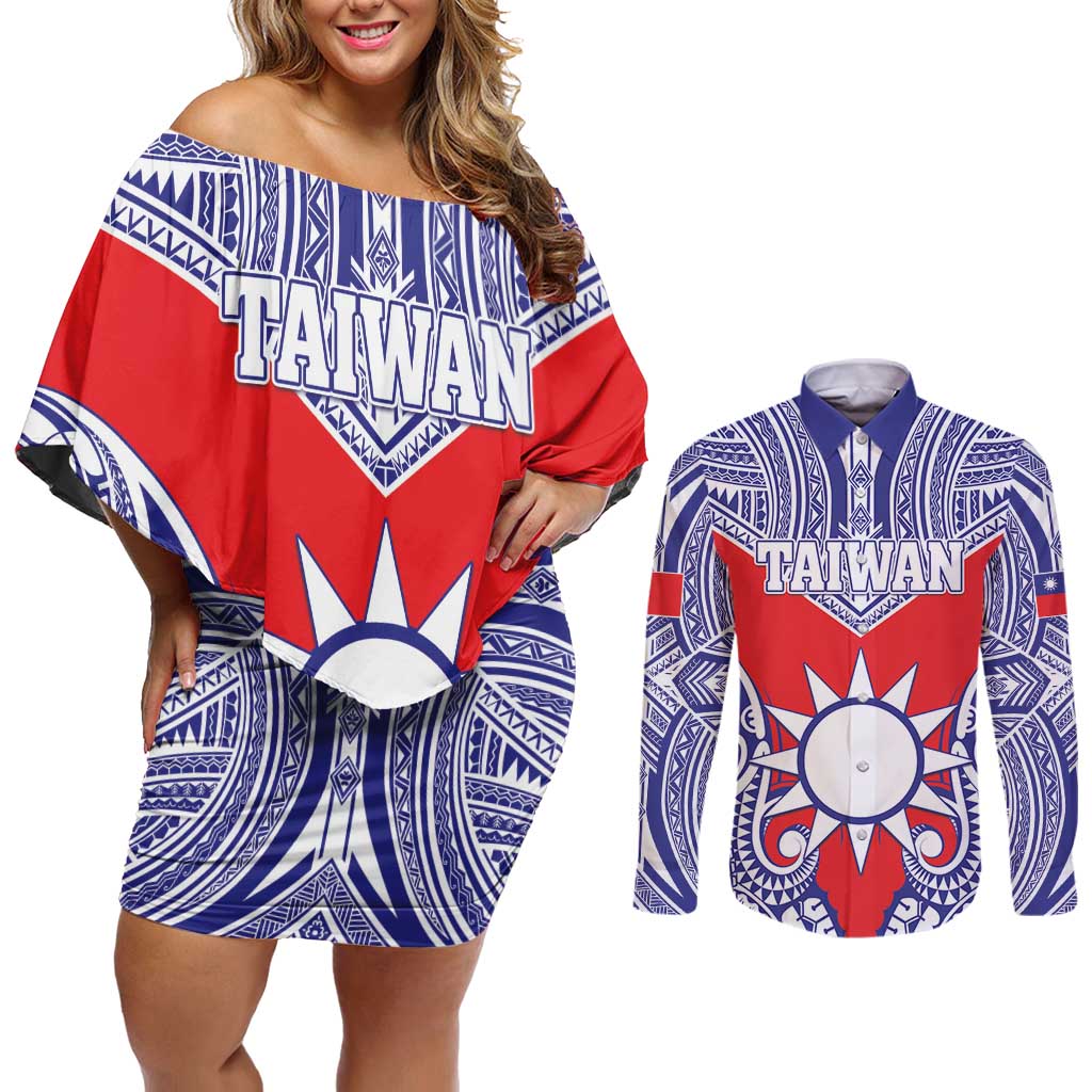 Personalised Taiwan Couples Matching Off Shoulder Short Dress and Long Sleeve Button Shirt Austronesian Tribal Tattoo Red - Polynesian Pride