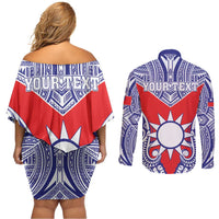 Personalised Taiwan Couples Matching Off Shoulder Short Dress and Long Sleeve Button Shirt Austronesian Tribal Tattoo Red - Polynesian Pride