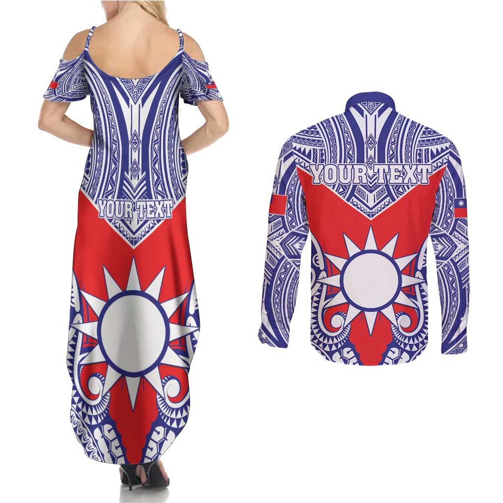 Personalised Taiwan Couples Matching Summer Maxi Dress and Long Sleeve Button Shirt Austronesian Tribal Tattoo Red - Polynesian Pride