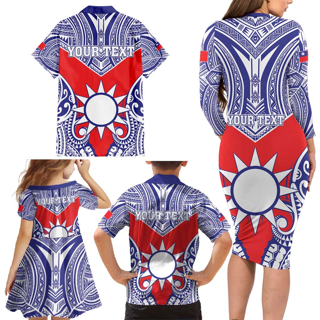 Personalised Taiwan Family Matching Long Sleeve Bodycon Dress and Hawaiian Shirt Austronesian Tribal Tattoo Red LT05 - Polynesian Pride