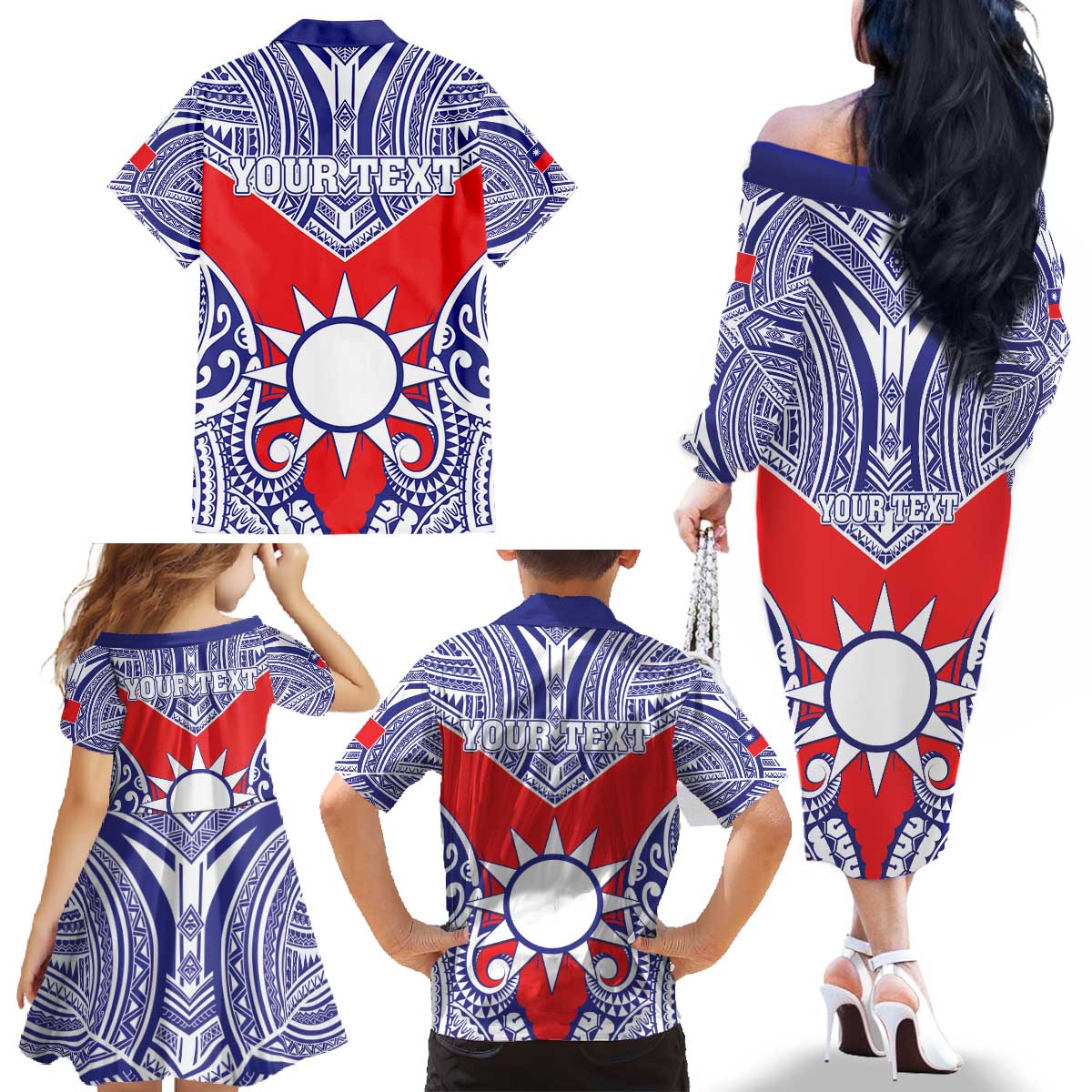 Personalised Taiwan Family Matching Off The Shoulder Long Sleeve Dress and Hawaiian Shirt Austronesian Tribal Tattoo Red - Polynesian Pride