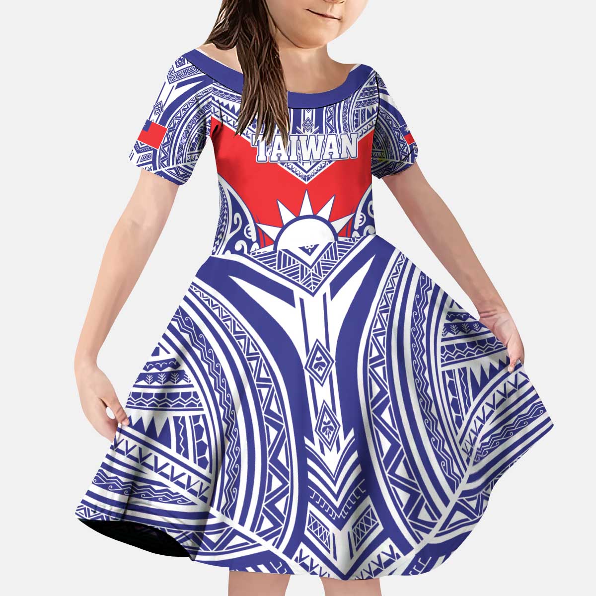 Personalised Taiwan Kid Short Sleeve Dress Austronesian Tribal Tattoo Red - Polynesian Pride