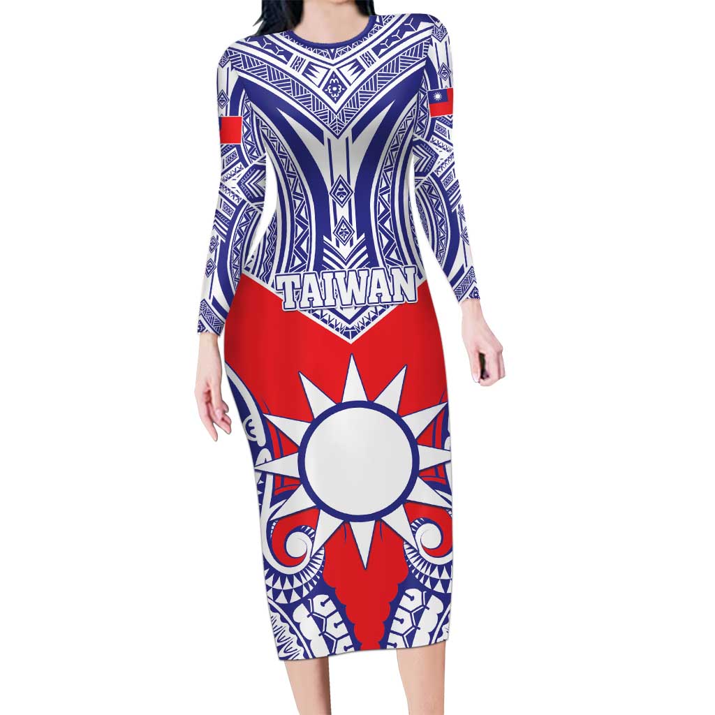 Personalised Taiwan Long Sleeve Bodycon Dress Austronesian Tribal Tattoo Red - Polynesian Pride