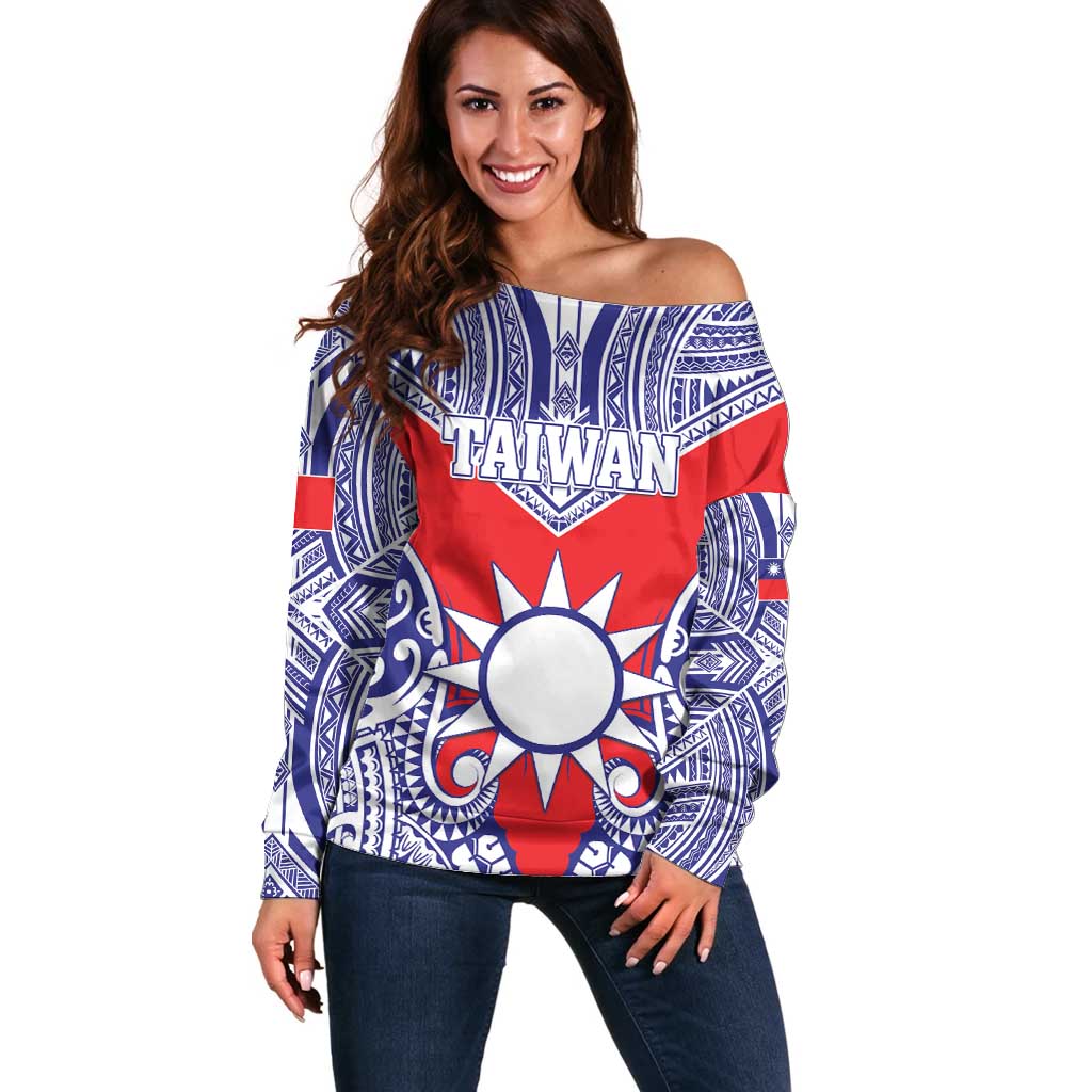 Personalised Taiwan Off Shoulder Sweater Austronesian Tribal Tattoo Red - Polynesian Pride