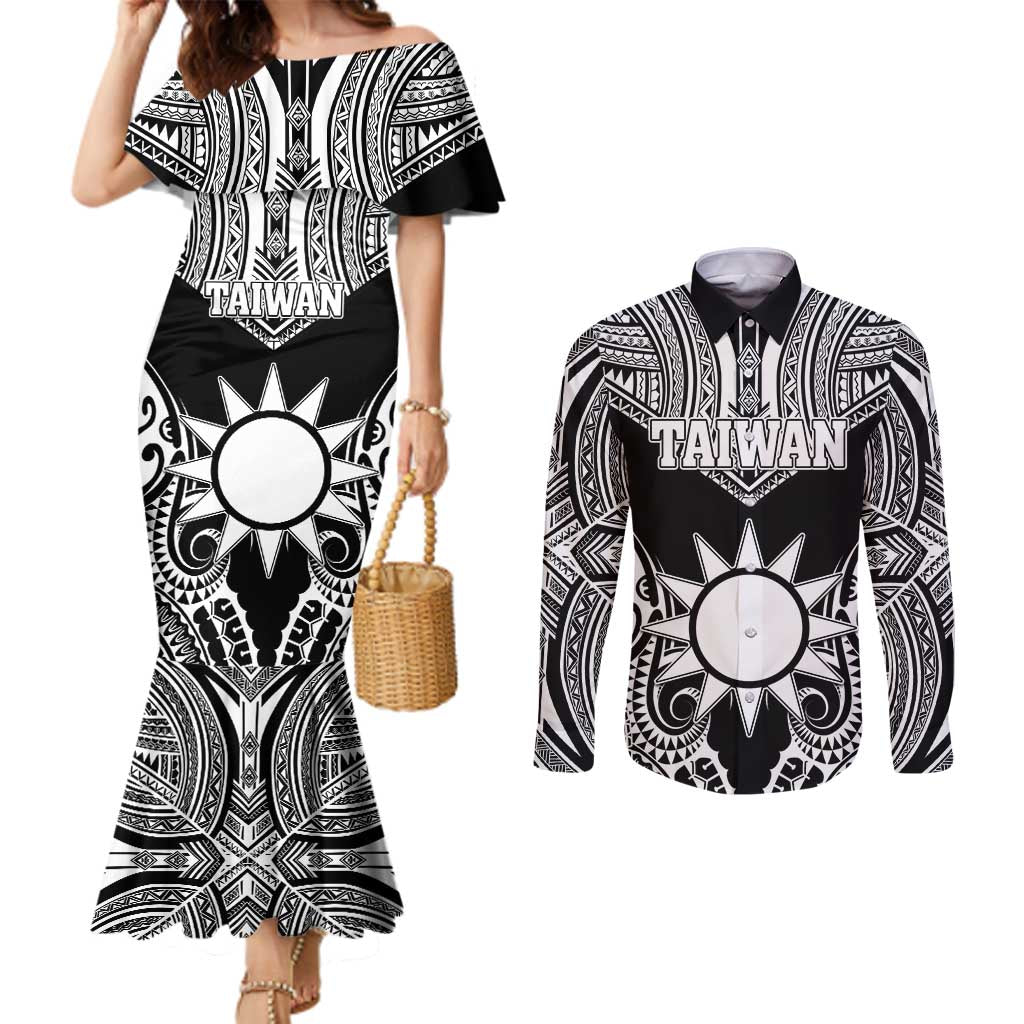 Personalised Taiwan Couples Matching Mermaid Dress and Long Sleeve Button Shirt Austronesian Tribal Tattoo Black - Polynesian Pride