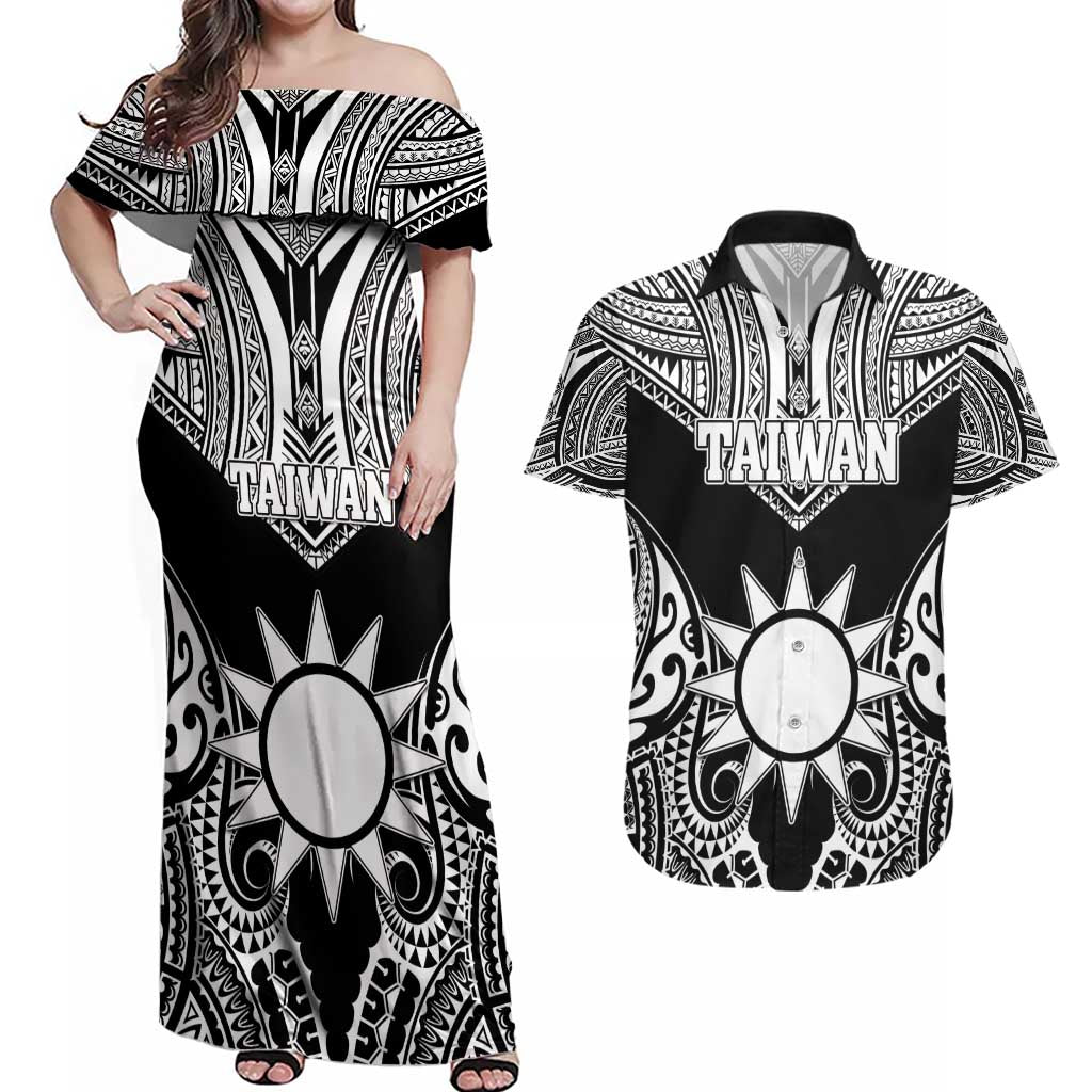 Personalised Taiwan Couples Matching Off Shoulder Maxi Dress and Hawaiian Shirt Austronesian Tribal Tattoo Black - Polynesian Pride