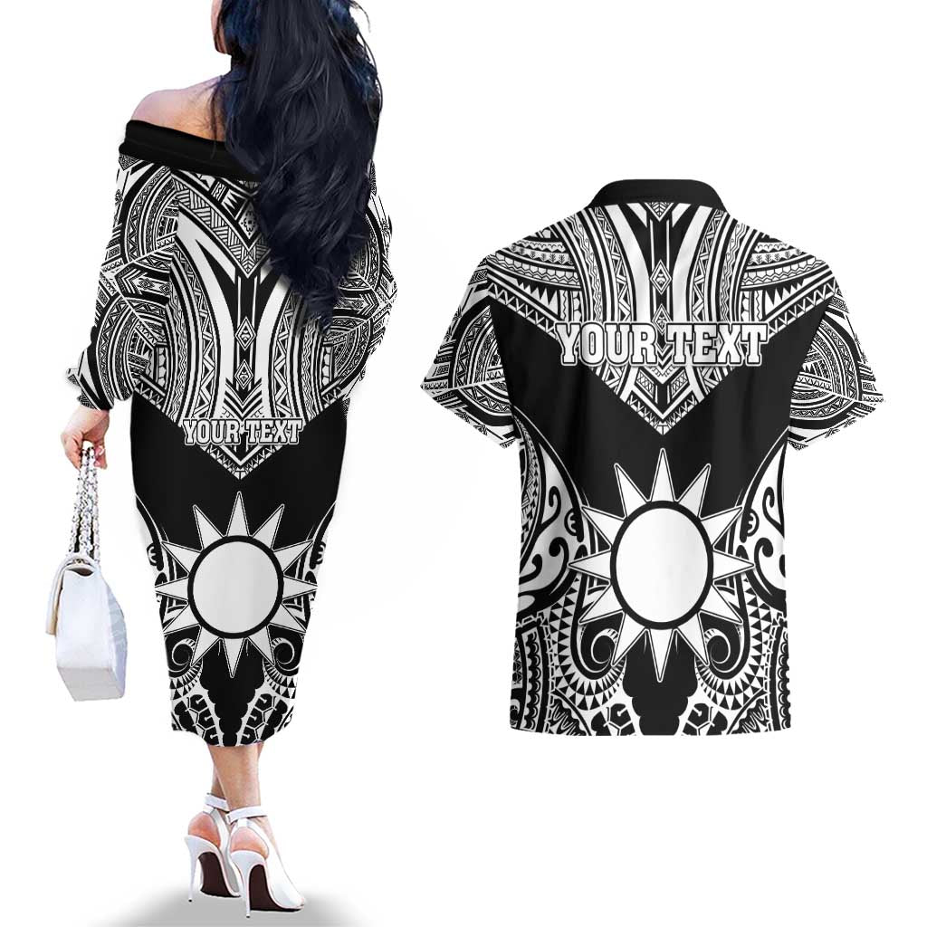 Personalised Taiwan Couples Matching Off The Shoulder Long Sleeve Dress and Hawaiian Shirt Austronesian Tribal Tattoo Black - Polynesian Pride