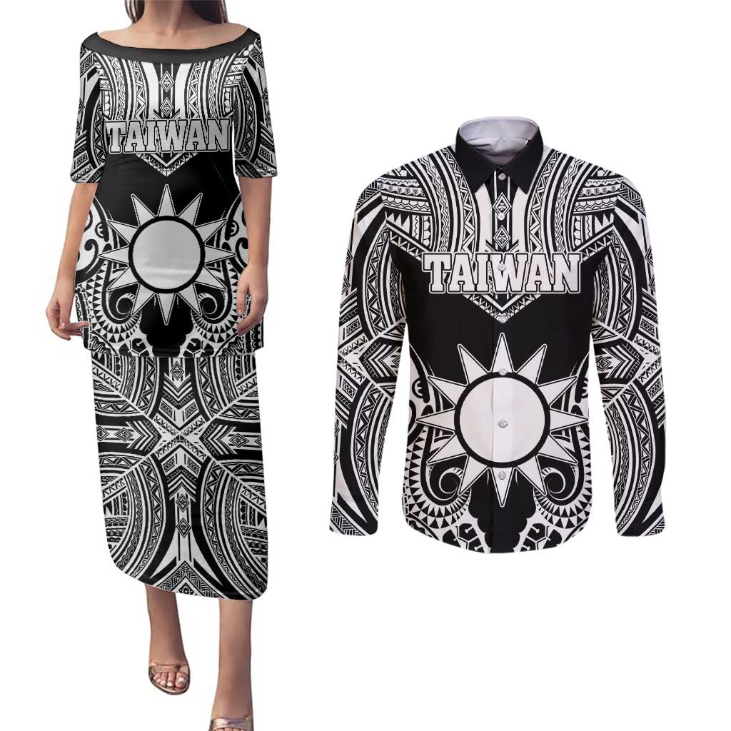 Personalised Taiwan Couples Matching Puletasi and Long Sleeve Button Shirt Austronesian Tribal Tattoo Black - Polynesian Pride