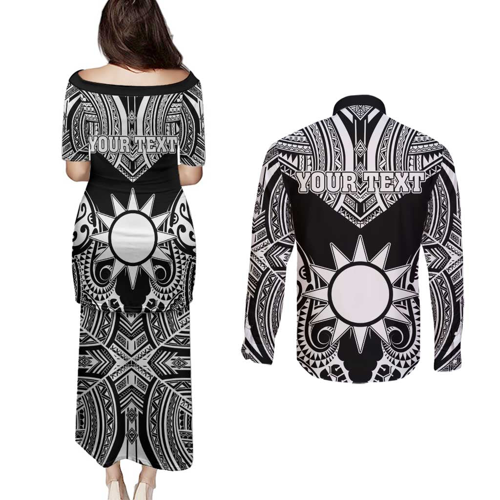 Personalised Taiwan Couples Matching Puletasi and Long Sleeve Button Shirt Austronesian Tribal Tattoo Black - Polynesian Pride
