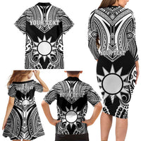 Personalised Taiwan Family Matching Long Sleeve Bodycon Dress and Hawaiian Shirt Austronesian Tribal Tattoo Black - Polynesian Pride
