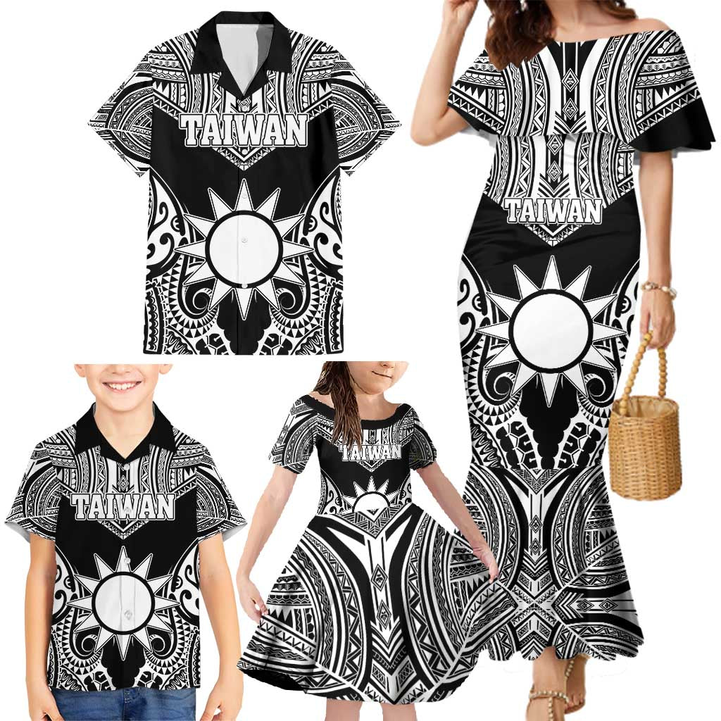 Personalised Taiwan Family Matching Mermaid Dress and Hawaiian Shirt Austronesian Tribal Tattoo Black - Polynesian Pride