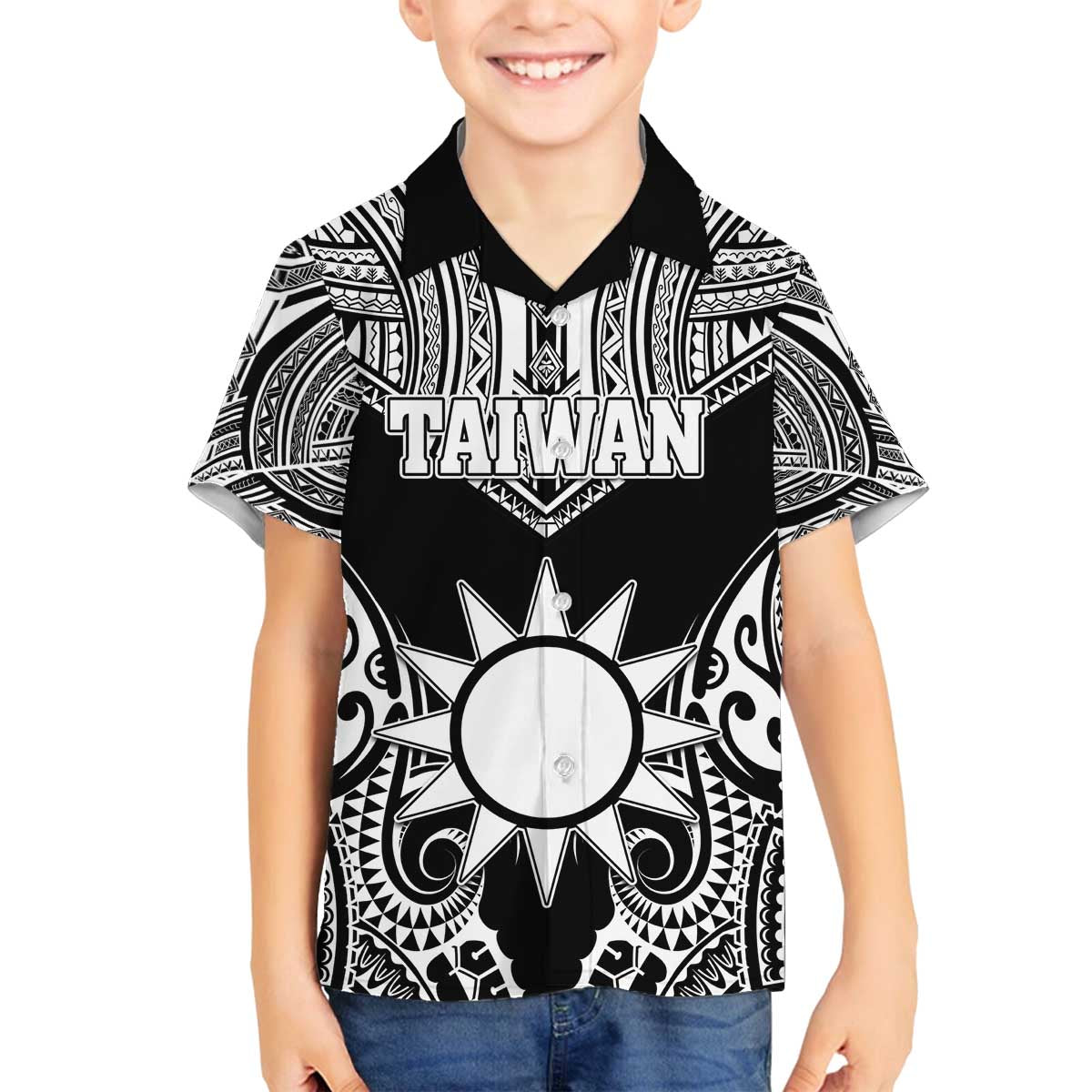 Personalised Taiwan Family Matching Off The Shoulder Long Sleeve Dress and Hawaiian Shirt Austronesian Tribal Tattoo Black - Polynesian Pride