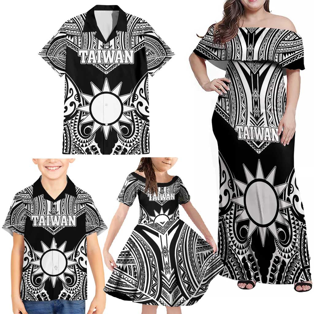 Personalised Taiwan Family Matching Off Shoulder Maxi Dress and Hawaiian Shirt Austronesian Tribal Tattoo Black - Polynesian Pride