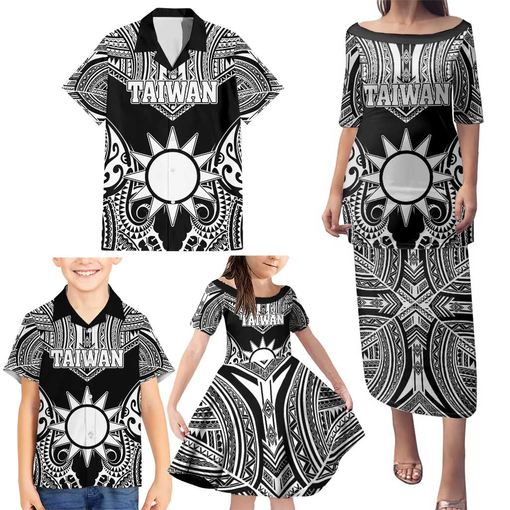 Personalised Taiwan Family Matching Puletasi and Hawaiian Shirt Austronesian Tribal Tattoo Black - Polynesian Pride