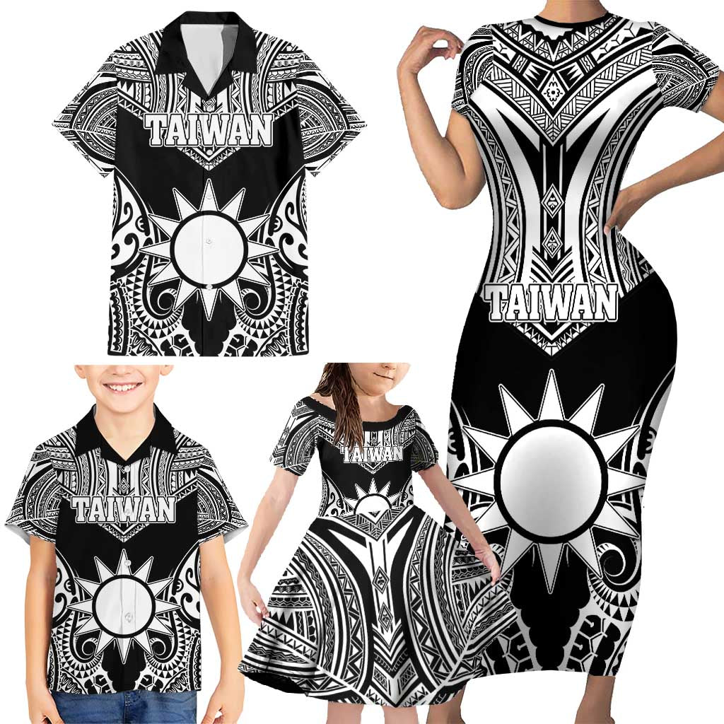 Personalised Taiwan Family Matching Short Sleeve Bodycon Dress and Hawaiian Shirt Austronesian Tribal Tattoo Black - Polynesian Pride