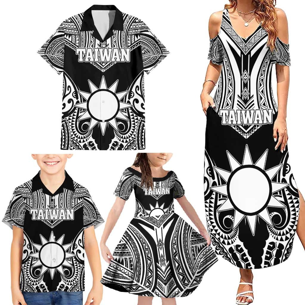 Personalised Taiwan Family Matching Summer Maxi Dress and Hawaiian Shirt Austronesian Tribal Tattoo Black - Polynesian Pride
