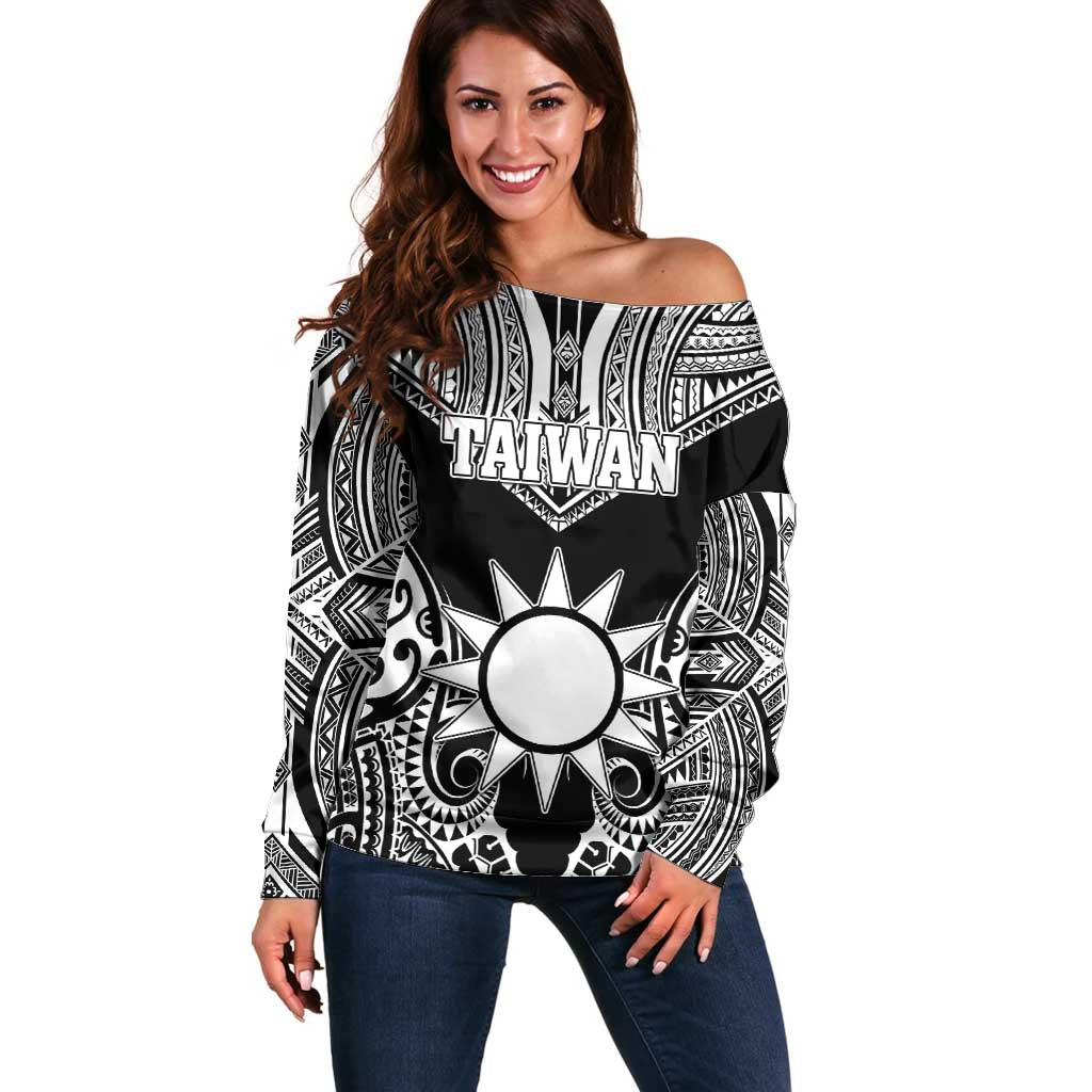 Personalised Taiwan Off Shoulder Sweater Austronesian Tribal Tattoo Black - Polynesian Pride