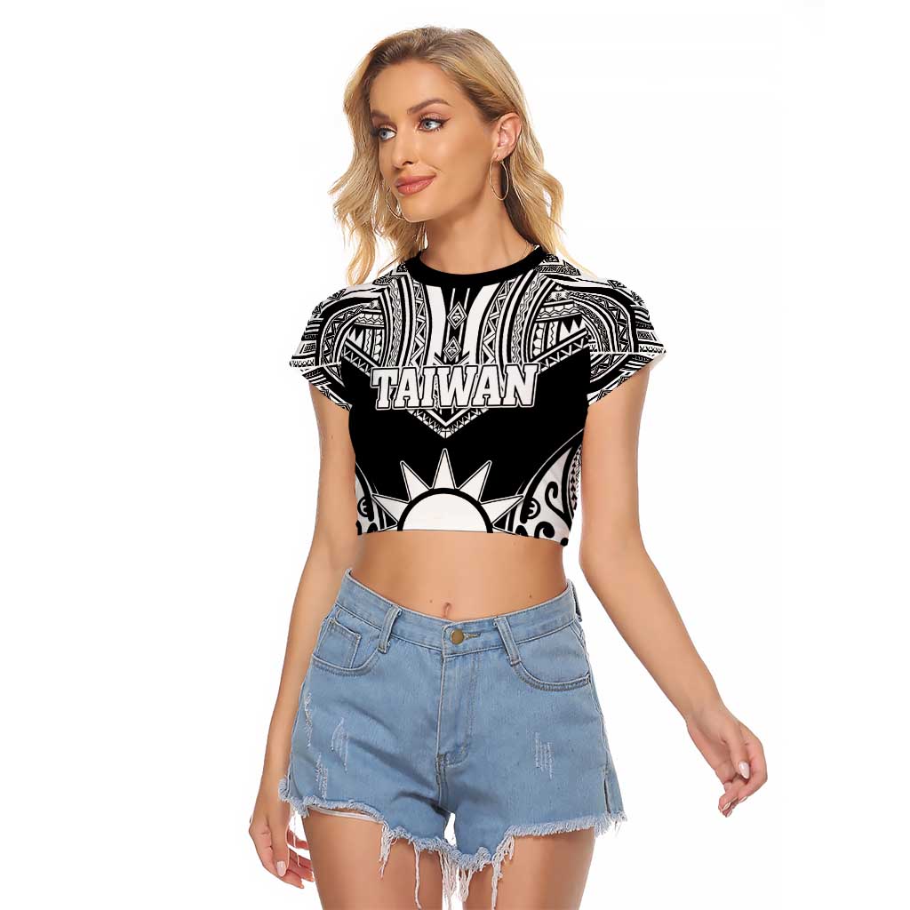 Personalised Taiwan Raglan Cropped T Shirt Austronesian Tribal Tattoo Black - Polynesian Pride