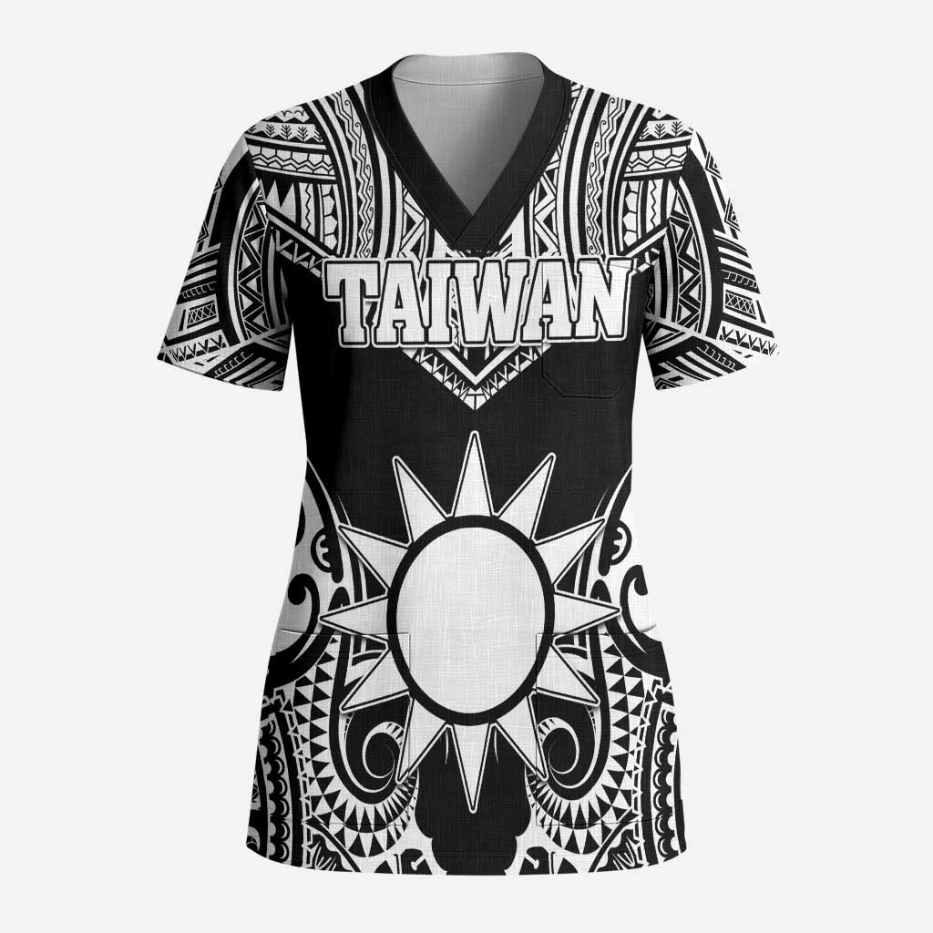 Personalised Taiwan Scrub Top Austronesian Tribal Tattoo Black - Polynesian Pride