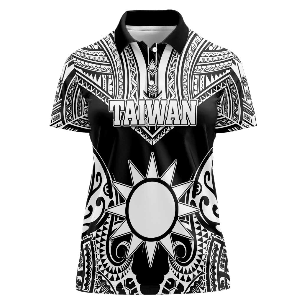 Personalised Taiwan Women Polo Shirt Austronesian Tribal Tattoo Black - Polynesian Pride