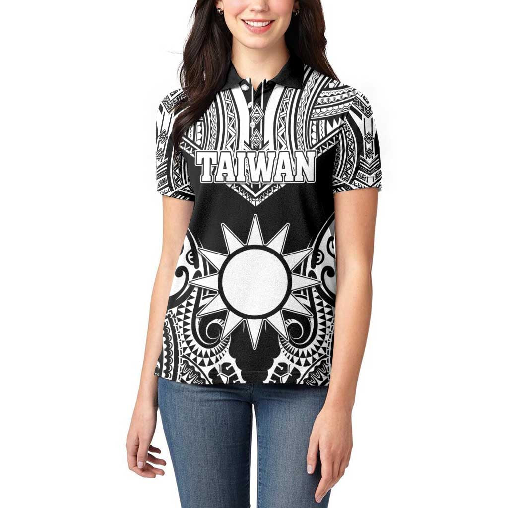 Personalised Taiwan Women Polo Shirt Austronesian Tribal Tattoo Black - Polynesian Pride