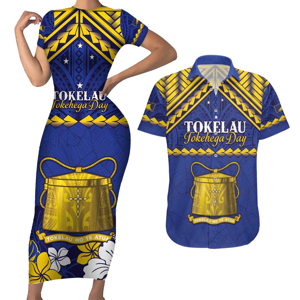 Personalised Tokelau Happy Tokehega Day Couples Matching Short Sleeve Bodycon Dress and Hawaiian Shirt Polynesian Tribal Tattoo