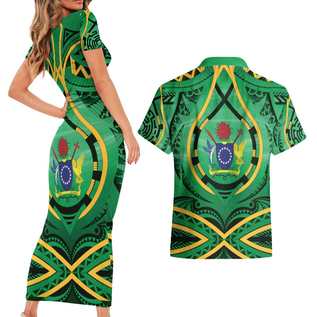 Cook Islands Constitution Day Couples Matching Short Sleeve Bodycon Dress and Hawaiian Shirt 60th Anniversary - Polynesian Pride