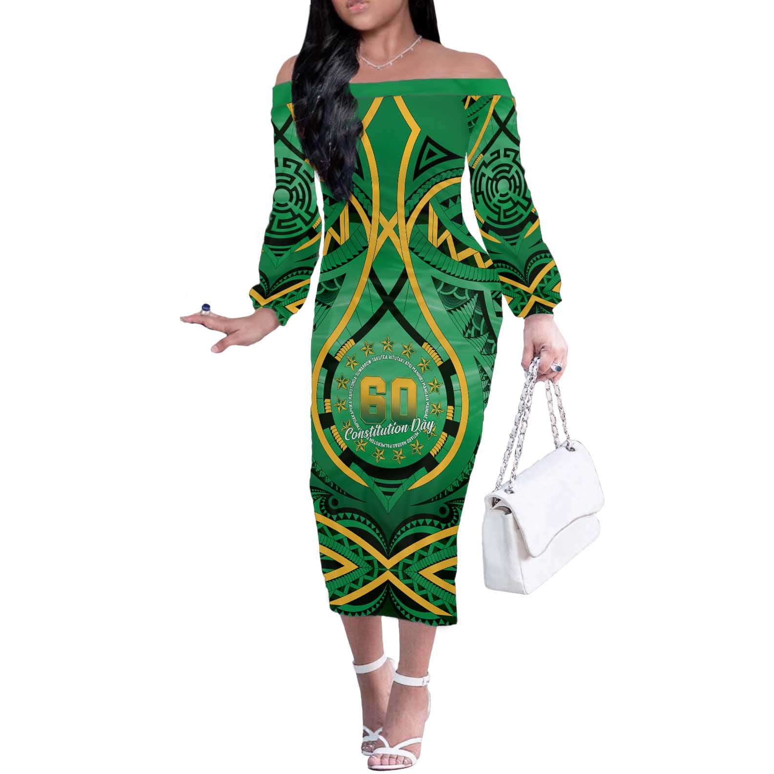 Cook Islands Constitution Day Off The Shoulder Long Sleeve Dress 60th Anniversary - Polynesian Pride