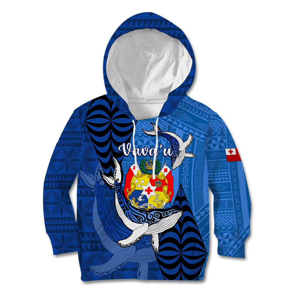 Personalized Tonga Vavau Kid Hoodie Humpback Whale Coat Of Arms With Ngatu Pattern LT05 Hoodie Blue - Polynesian Pride