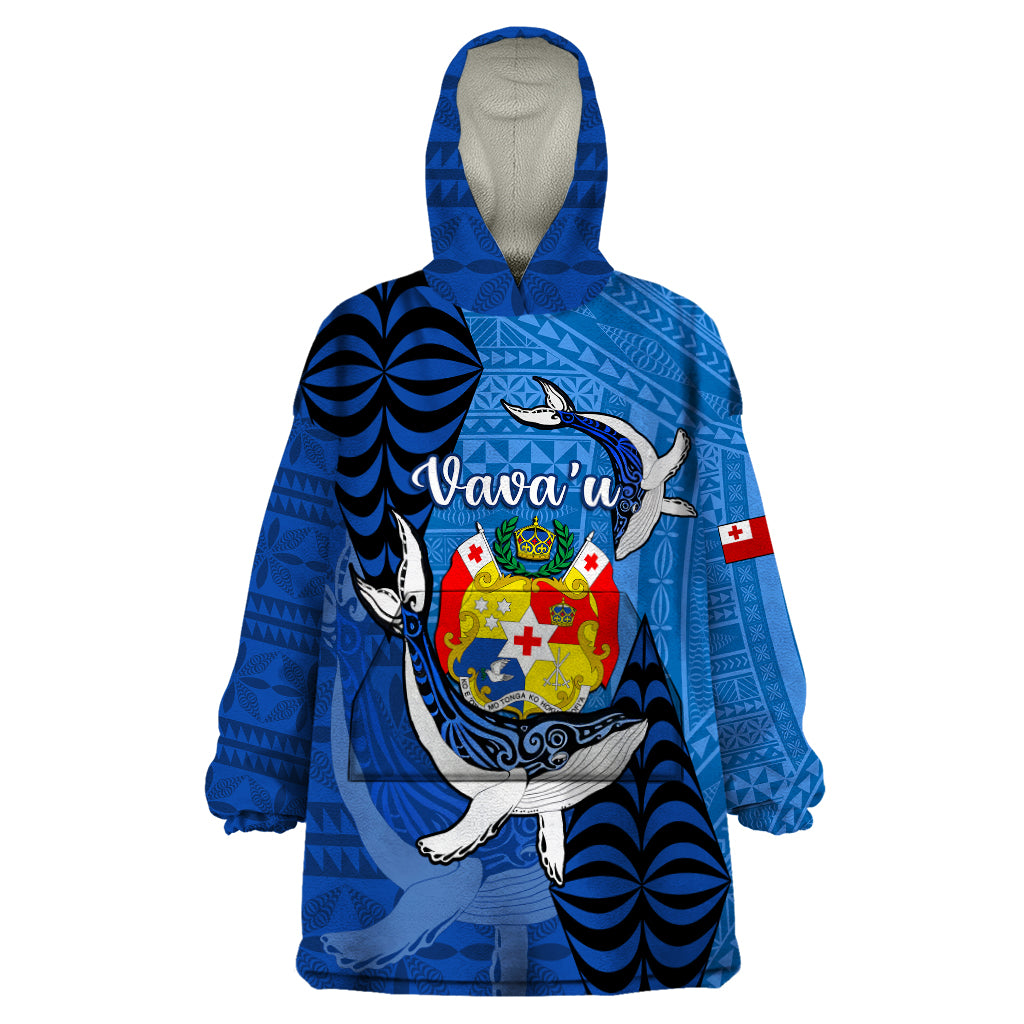 Personalized Tonga Vavau Wearable Blanket Hoodie Humpback Whale Coat Of Arms With Ngatu Pattern LT05 One Size Blue - Polynesian Pride