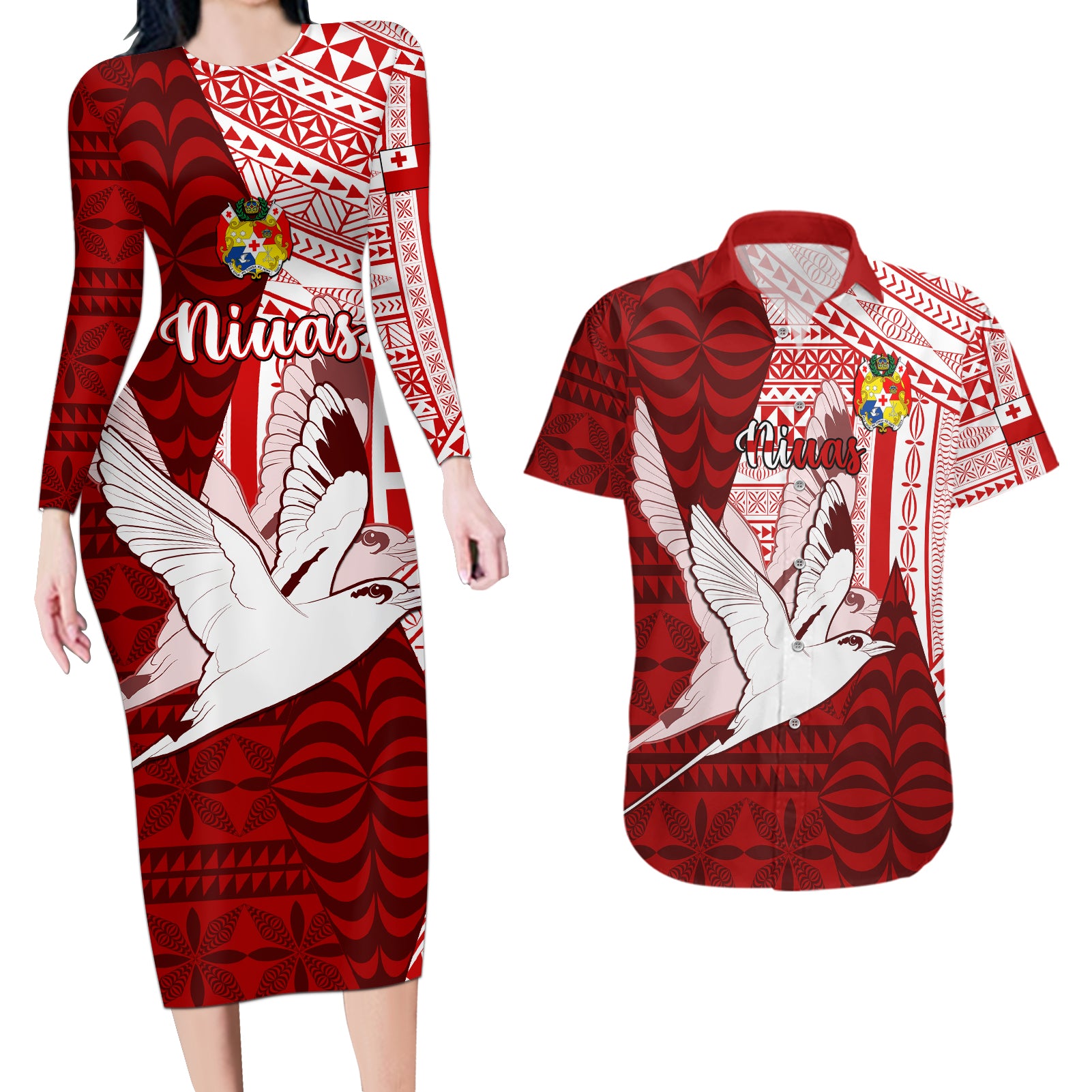 Personalized Tonga Niuas Couples Matching Long Sleeve Bodycon Dress and Hawaiian Shirt White Tailed Tropicbird With Ngatu Pattern LT05 Red - Polynesian Pride