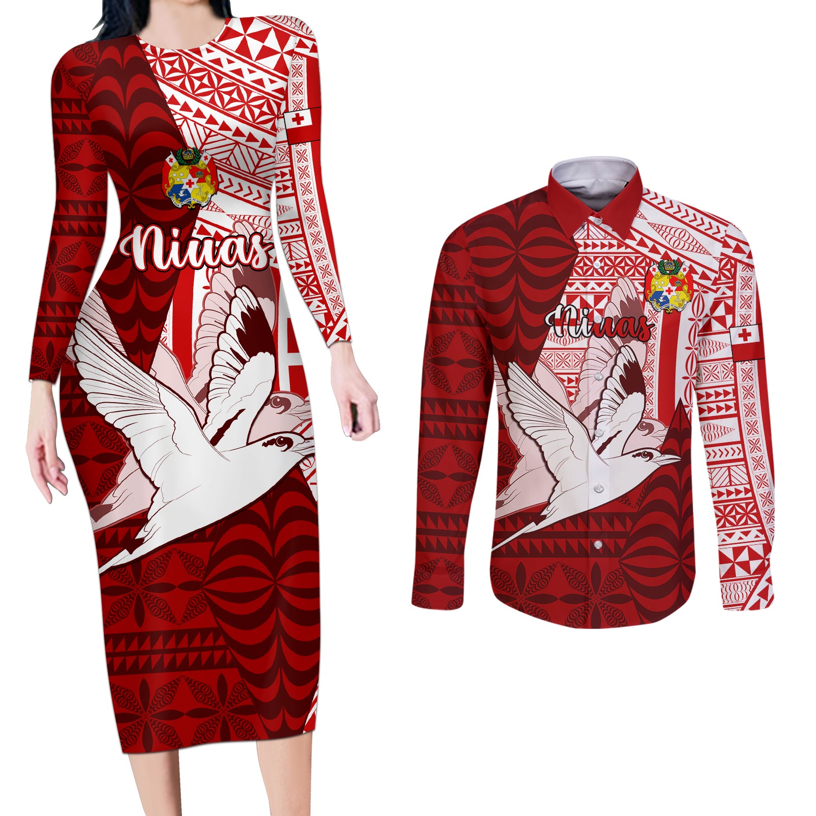 Personalized Tonga Niuas Couples Matching Long Sleeve Bodycon Dress and Long Sleeve Button Shirts White Tailed Tropicbird With Ngatu Pattern LT05 Red - Polynesian Pride