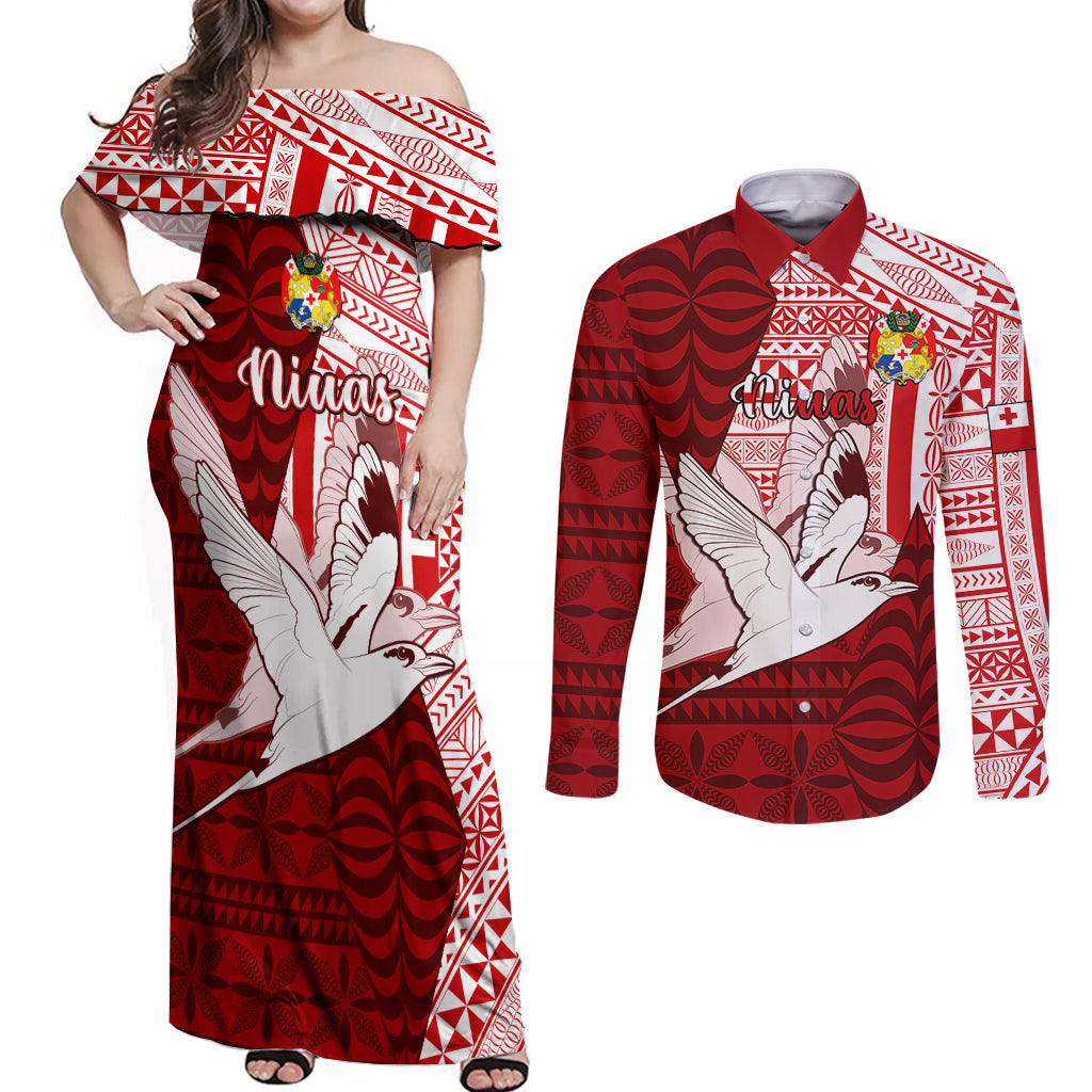 Personalized Tonga Niuas Couples Matching Off Shoulder Maxi Dress and Long Sleeve Button Shirts White Tailed Tropicbird With Ngatu Pattern LT05 Red - Polynesian Pride